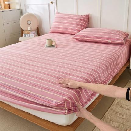 九沐良品 新款全棉无印老粗布单品床笠+三件套 北野-粉