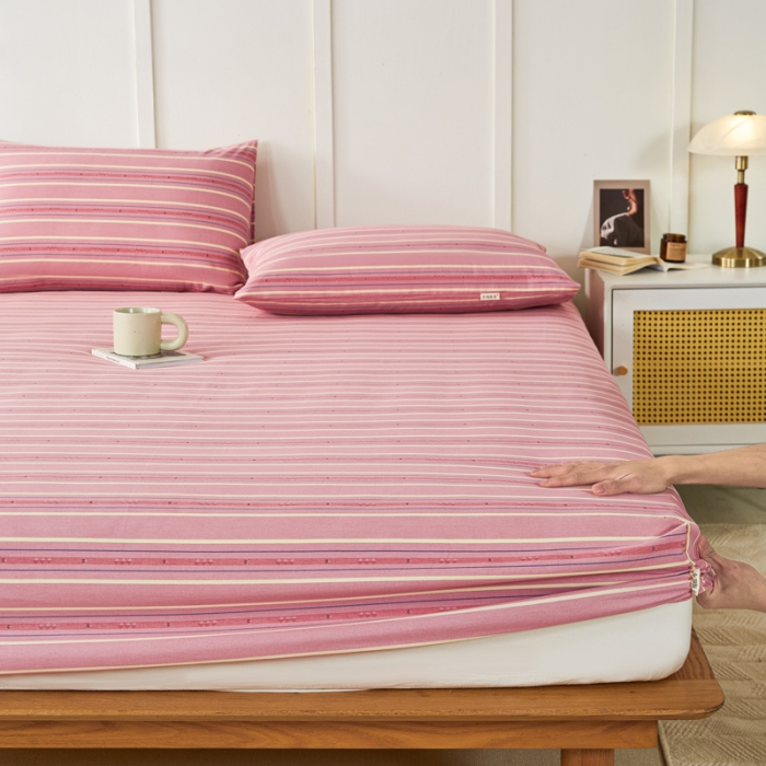 91家纺网 家纺一手货源 找家纺 九沐良品 新款全棉无印老粗布单品床笠+三件套 北野-粉