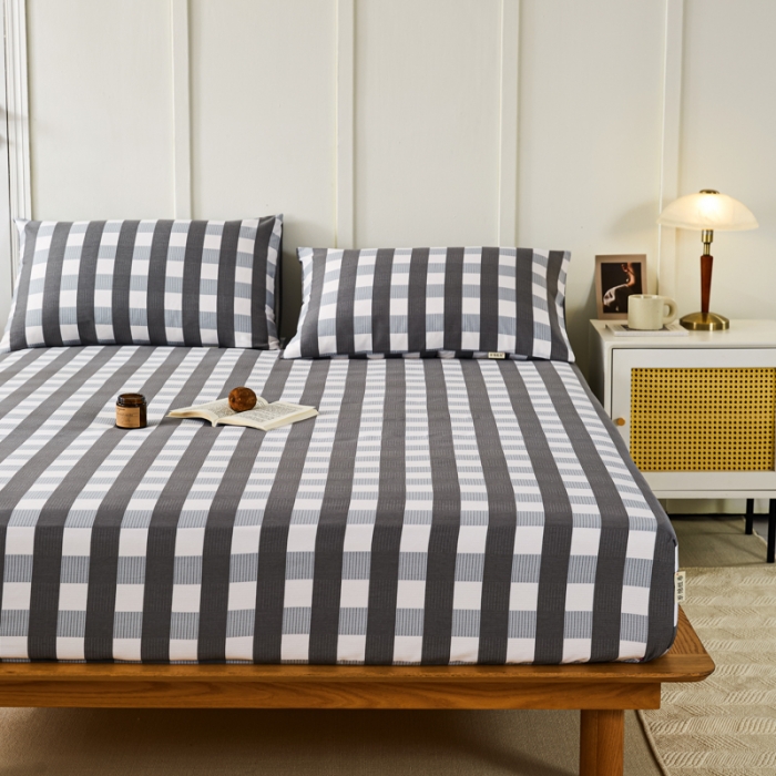 91家纺网 家纺一手货源 找家纺 九沐良品 新款全棉无印老粗布单品床笠+三件套 黑小格