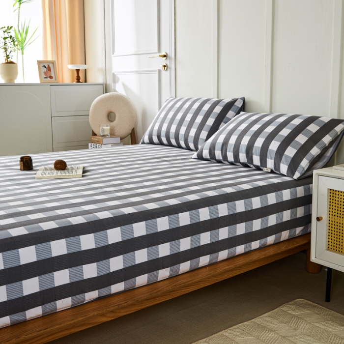 91家纺网 家纺一手货源 找家纺 九沐良品 新款全棉无印老粗布单品床笠+三件套 黑小格