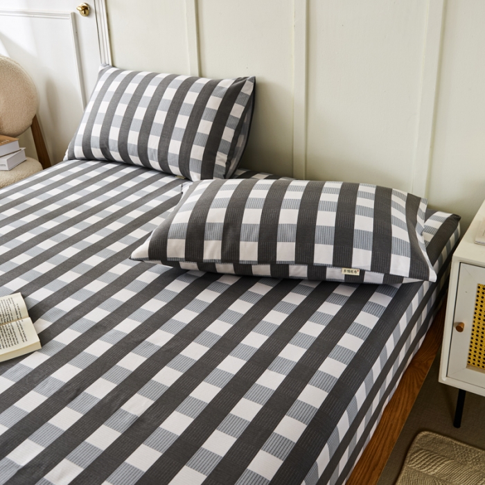 91家纺网 家纺一手货源 找家纺 九沐良品 新款全棉无印老粗布单品床笠+三件套 黑小格