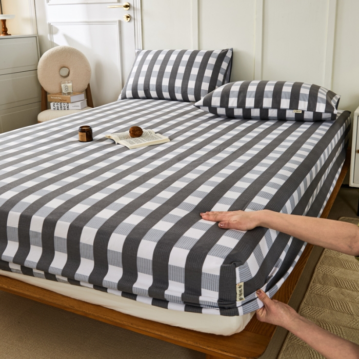 91家纺网 家纺一手货源 找家纺 九沐良品 新款全棉无印老粗布单品床笠+三件套 黑小格