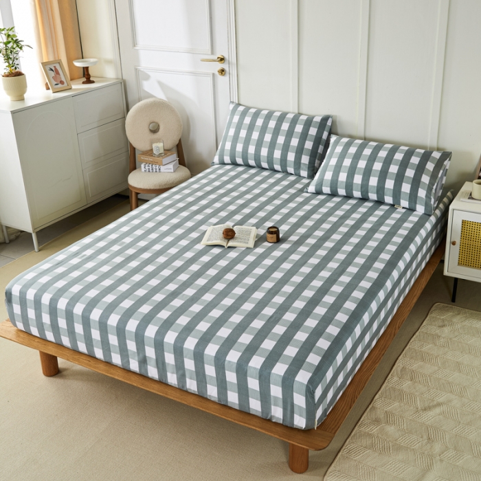 91家纺网 家纺一手货源 找家纺 九沐良品 新款全棉无印老粗布单品床笠+三件套 灰中格