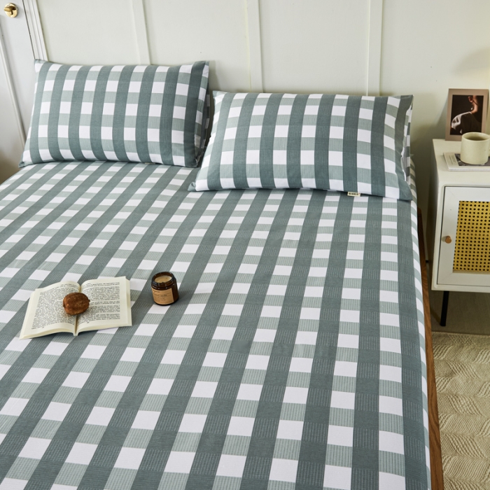 91家纺网 家纺一手货源 找家纺 九沐良品 新款全棉无印老粗布单品床笠+三件套 灰中格