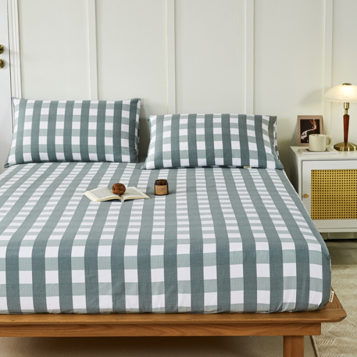 91家纺网 家纺一手货源 找家纺 九沐良品 新款全棉无印老粗布单品床笠+三件套 灰中格