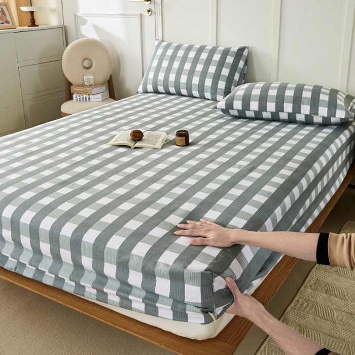 91家纺网 家纺一手货源 找家纺 九沐良品 新款全棉无印老粗布单品床笠+三件套 灰中格