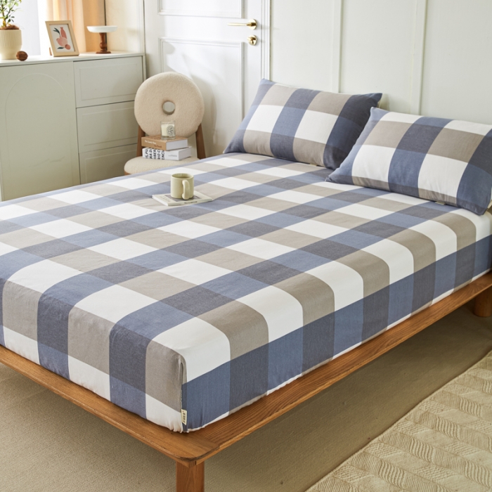 91家纺网 家纺一手货源 找家纺 九沐良品 新款全棉无印老粗布单品床笠+三件套 蓝大格