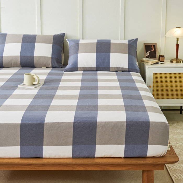 91家纺网 家纺一手货源 找家纺 九沐良品 新款全棉无印老粗布单品床笠+三件套 蓝大格