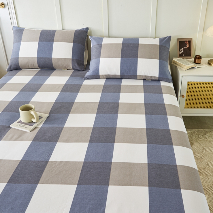 91家纺网 家纺一手货源 找家纺 九沐良品 新款全棉无印老粗布单品床笠+三件套 蓝大格