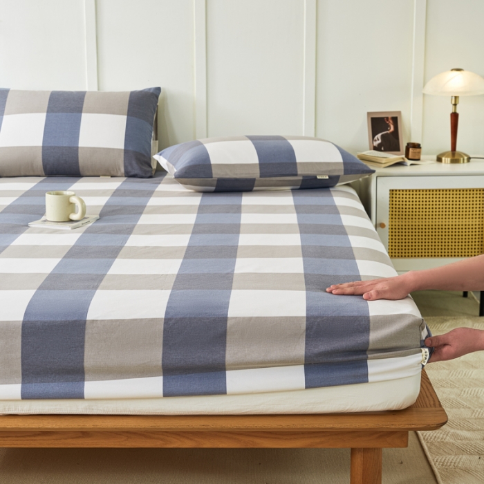 91家纺网 家纺一手货源 找家纺 九沐良品 新款全棉无印老粗布单品床笠+三件套 蓝大格