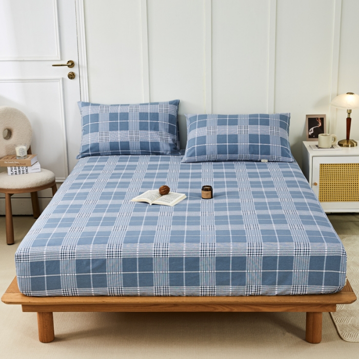 91家纺网 家纺一手货源 找家纺 九沐良品 新款全棉无印老粗布单品床笠+三件套 蓝条格