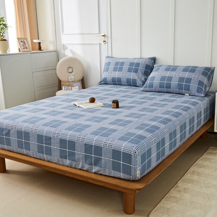 91家纺网 家纺一手货源 找家纺 九沐良品 新款全棉无印老粗布单品床笠+三件套 蓝条格