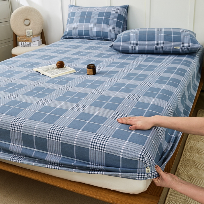 91家纺网 家纺一手货源 找家纺 九沐良品 新款全棉无印老粗布单品床笠+三件套 蓝条格