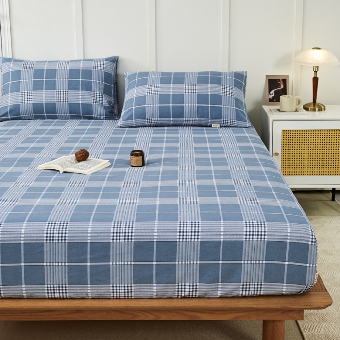 91家纺网 家纺一手货源 找家纺 九沐良品 新款全棉无印老粗布单品床笠+三件套 蓝条格