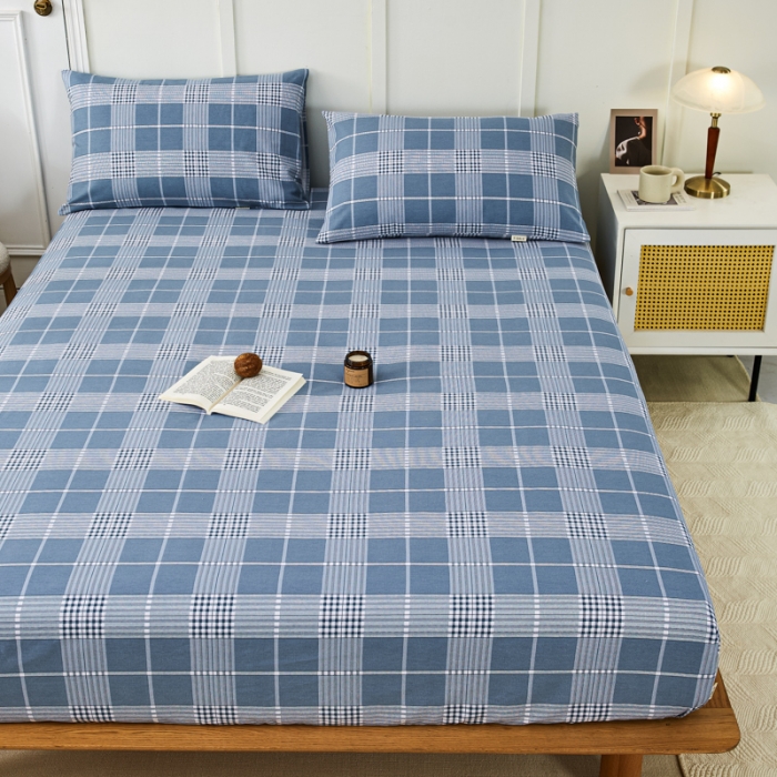 91家纺网 家纺一手货源 找家纺 九沐良品 新款全棉无印老粗布单品床笠+三件套 蓝条格