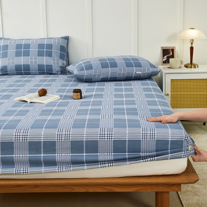 91家纺网 家纺一手货源 找家纺 九沐良品 新款全棉无印老粗布单品床笠+三件套 蓝条格