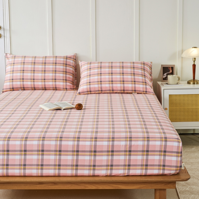 91家纺网 家纺一手货源 找家纺 九沐良品 新款全棉无印老粗布单品床笠+三件套 莫妮卡（粉）