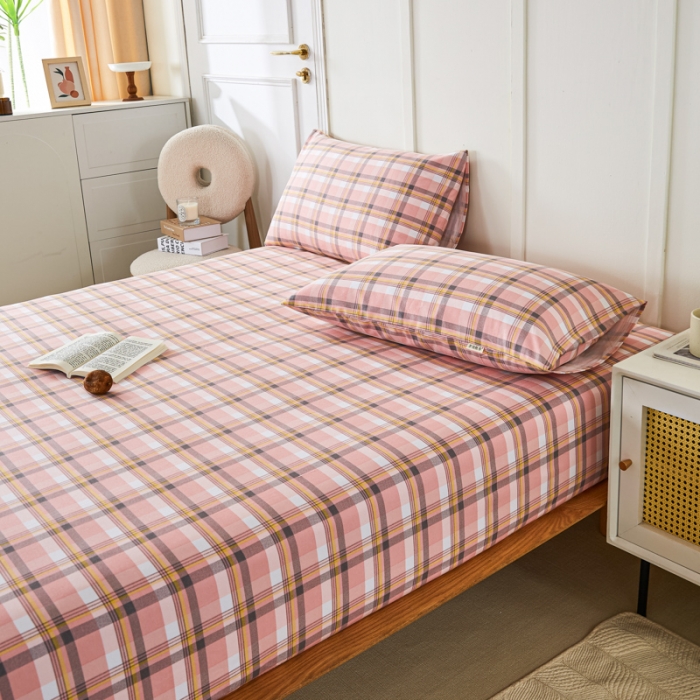 91家纺网 家纺一手货源 找家纺 九沐良品 新款全棉无印老粗布单品床笠+三件套 莫妮卡（粉）