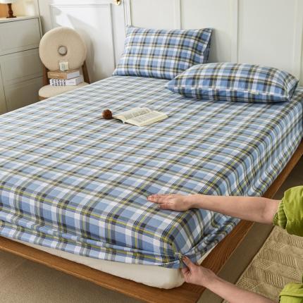 九沐良品 新款全棉无印老粗布单品床笠+三件套 莫妮卡（兰）