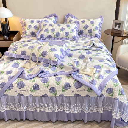 91家纺网 家纺一手货源 找家纺 A类水洗棉麻双层纱床盖款夏被四件套夹棉床裙蕾丝花边纯棉全棉夏凉床盖夏被