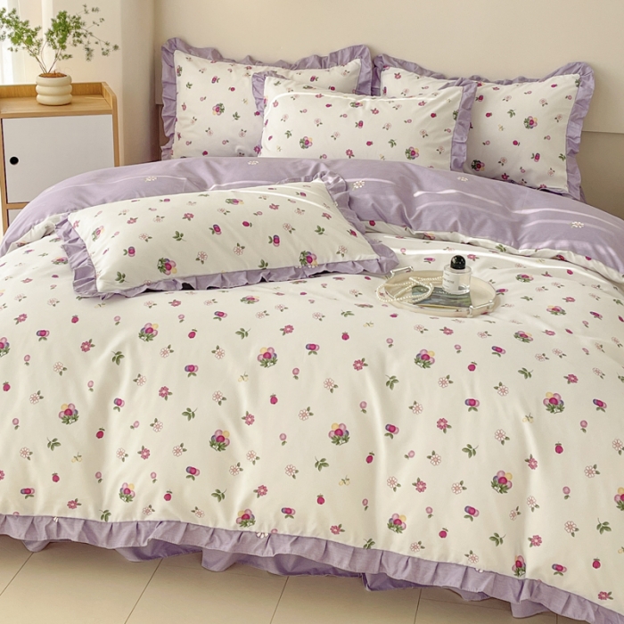 91家纺网 家纺一手货源 找家纺 上尚居 2024直播爆款卡通小清新韩版花边公主风水洗棉磨毛四件套小葡萄