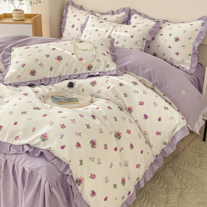 91家纺网 家纺一手货源 找家纺 上尚居 2024直播爆款卡通小清新韩版花边公主风水洗棉磨毛四件套小葡萄