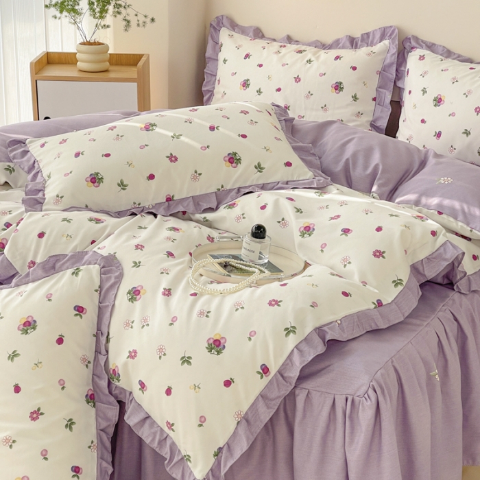 91家纺网 家纺一手货源 找家纺 上尚居 2024直播爆款卡通小清新韩版花边公主风水洗棉磨毛四件套小葡萄