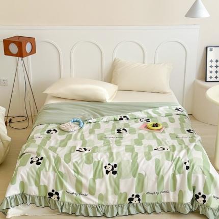 91家纺网 家纺一手货源 找家纺 顾里 2024新款韩系天丝莫代尔花边夏被 绿条熊猫