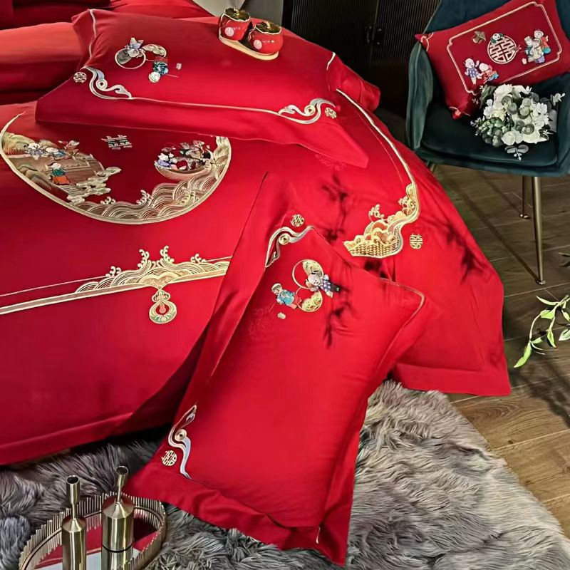 91家纺网 家纺一手货源 找家纺 梦丝语家纺婚庆四件套六件套八件套100支提花原版新品