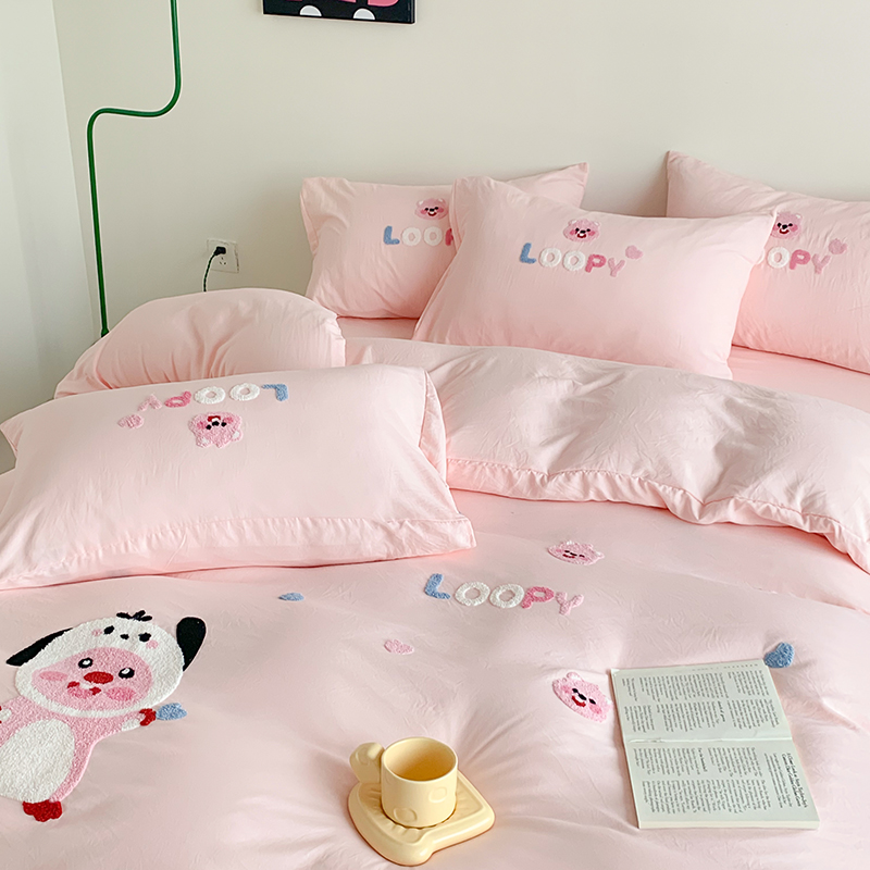 91家纺网 家纺一手货源 找家纺 凯儿2024新款水洗棉卡通毛巾绣四件套-专版花型 可爱海狸