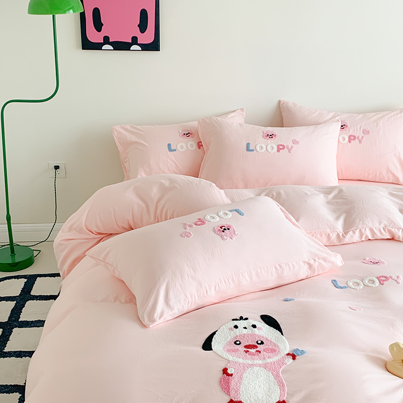 91家纺网 家纺一手货源 找家纺 凯儿2024新款水洗棉卡通毛巾绣四件套-专版花型 可爱海狸