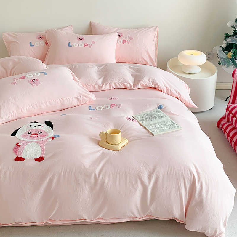 91家纺网 家纺一手货源 找家纺 凯儿2024新款水洗棉卡通毛巾绣四件套-专版花型 可爱海狸