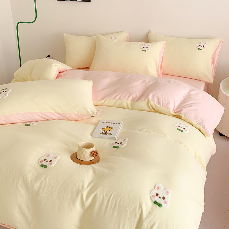 91家纺网 家纺一手货源 找家纺 凯儿2024新款水洗棉卡通毛巾绣四件套-专版花型 心愿兔