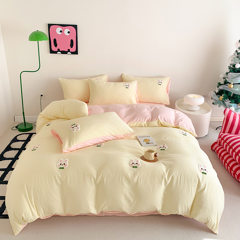 91家纺网 家纺一手货源 找家纺 凯儿2024新款水洗棉卡通毛巾绣四件套-专版花型 心愿兔