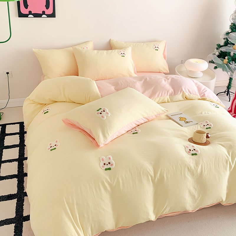 91家纺网 家纺一手货源 找家纺 凯儿2024新款水洗棉卡通毛巾绣四件套-专版花型 心愿兔