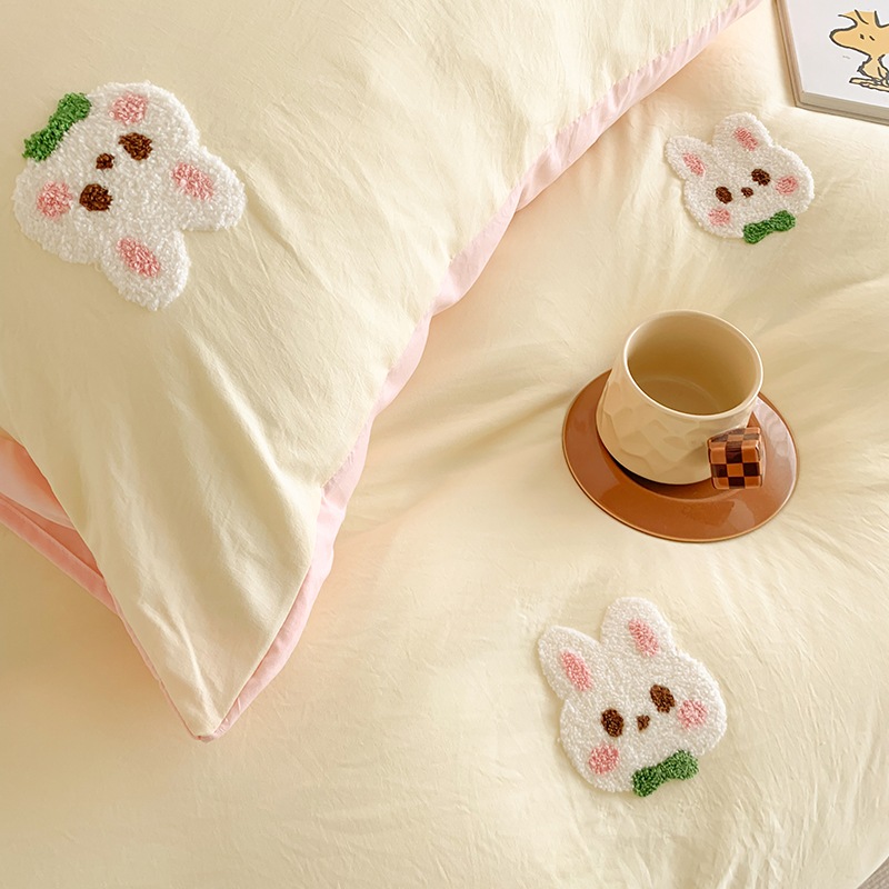 91家纺网 家纺一手货源 找家纺 凯儿2024新款水洗棉卡通毛巾绣四件套-专版花型 心愿兔