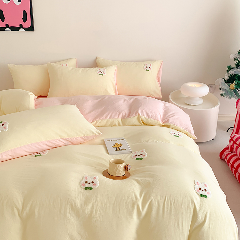 91家纺网 家纺一手货源 找家纺 凯儿2024新款水洗棉卡通毛巾绣四件套-专版花型 心愿兔