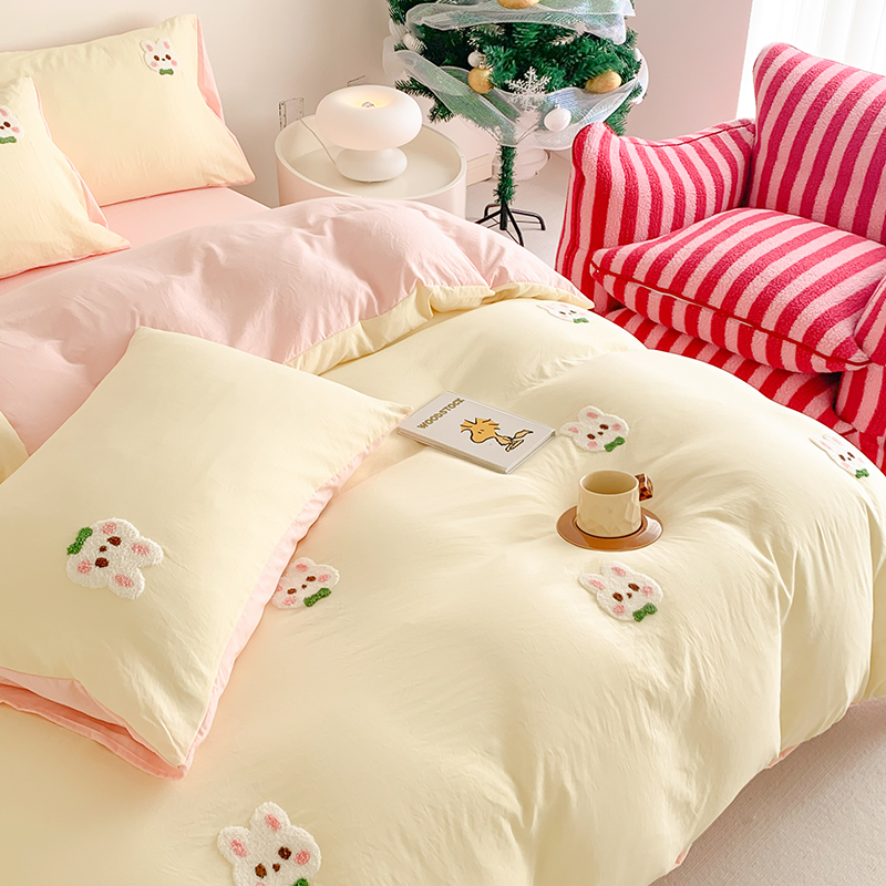 91家纺网 家纺一手货源 找家纺 凯儿2024新款水洗棉卡通毛巾绣四件套-专版花型 心愿兔