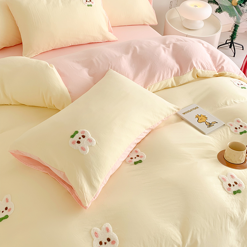 91家纺网 家纺一手货源 找家纺 凯儿2024新款水洗棉卡通毛巾绣四件套-专版花型 心愿兔