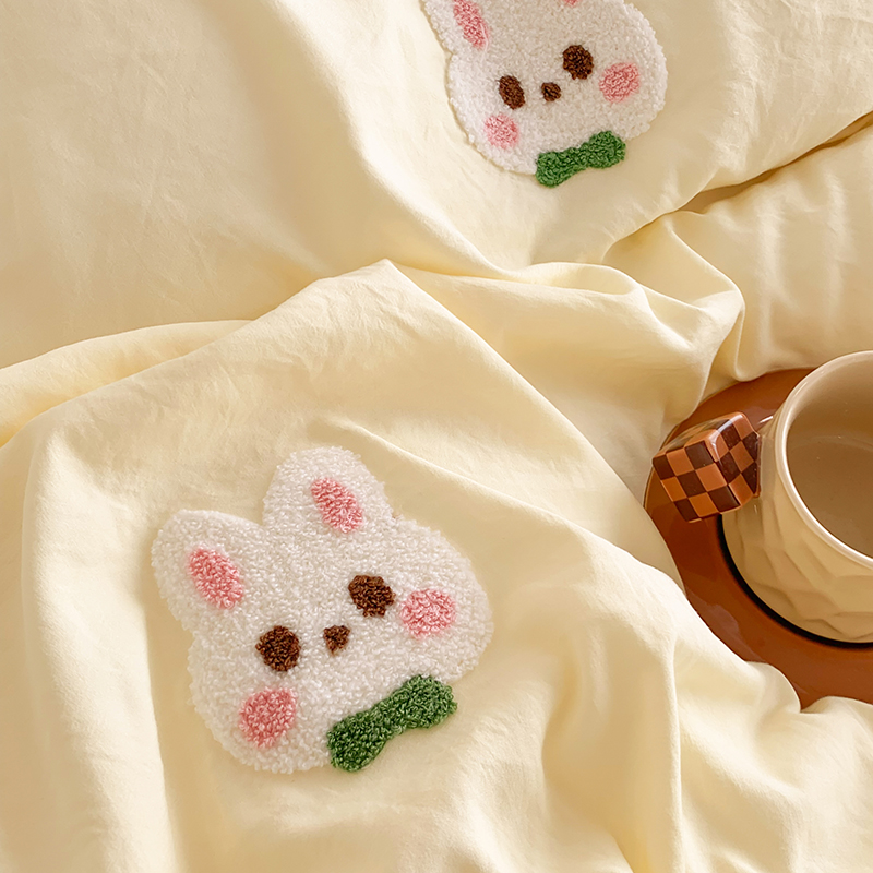 91家纺网 家纺一手货源 找家纺 凯儿2024新款水洗棉卡通毛巾绣四件套-专版花型 心愿兔