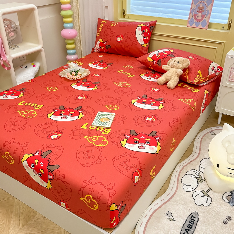 91家纺网 家纺一手货源 找家纺 蓝邻 2024新款全棉单品系列单床笠 龙瑞-红