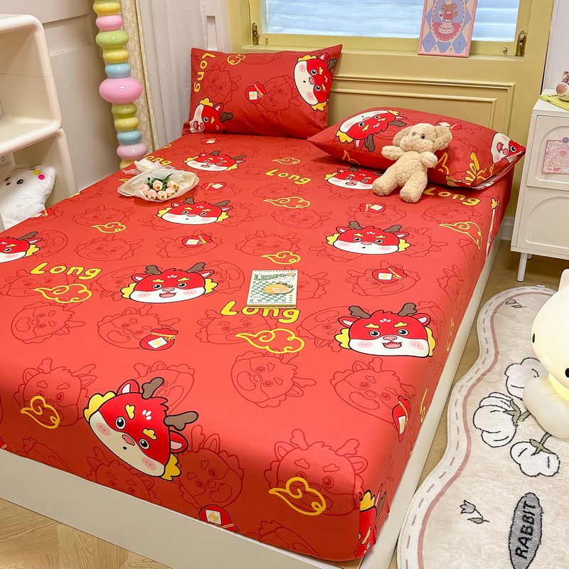 91家纺网 家纺一手货源 找家纺 蓝邻 2024新款全棉单品系列单床笠 龙瑞-红