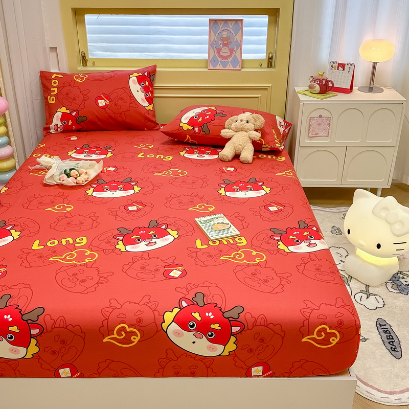 91家纺网 家纺一手货源 找家纺 蓝邻 2024新款全棉单品系列单床笠 龙瑞-红