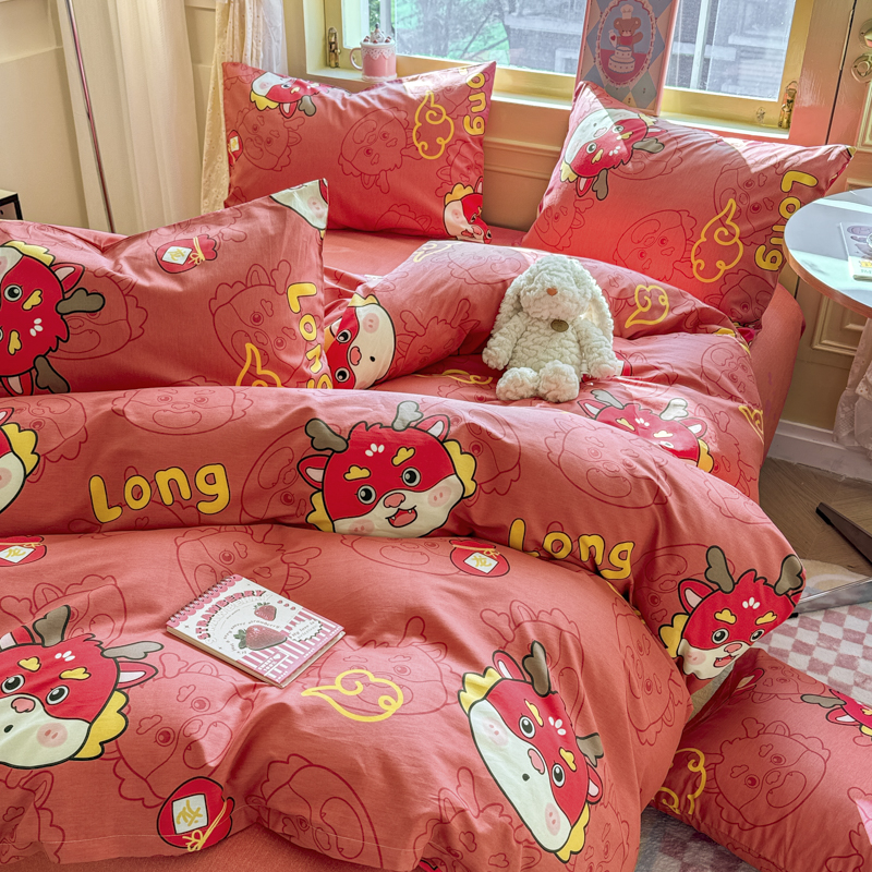 91家纺网 家纺一手货源 找家纺 蓝邻 2024新款全棉单品系列单被套 龙瑞—红