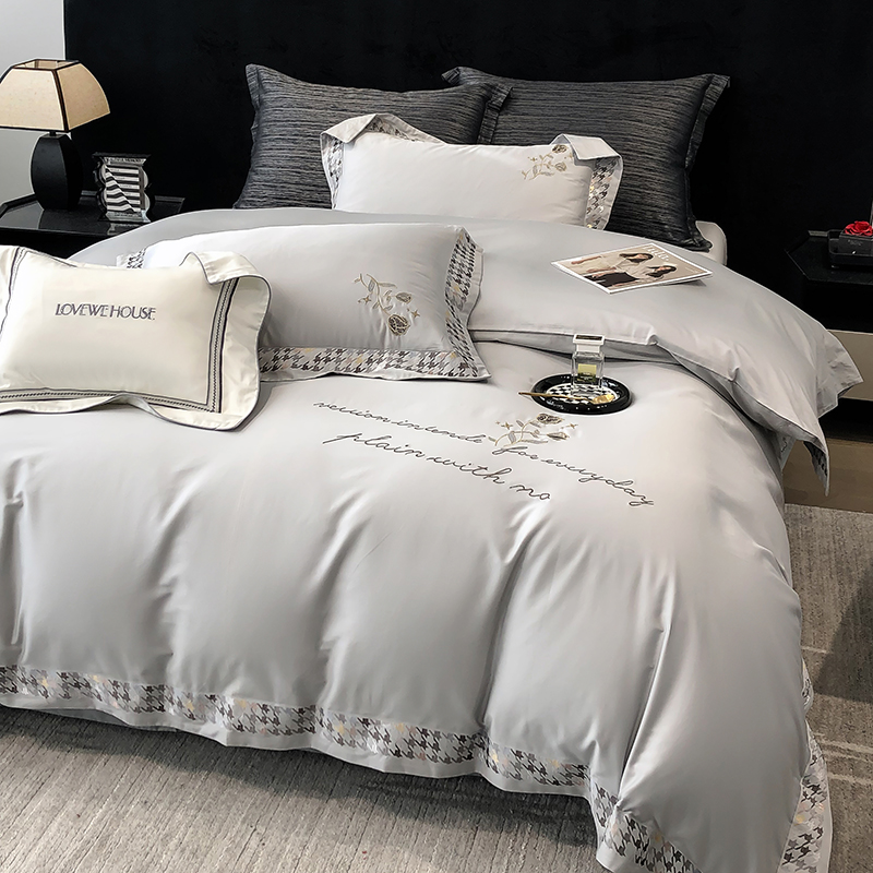 91家纺网 家纺一手货源 找家纺 若未家居 2025新款长绒棉高精密刺绣款百万针工艺套件千鸟格刺绣---锦簇 锦簇 时尚灰