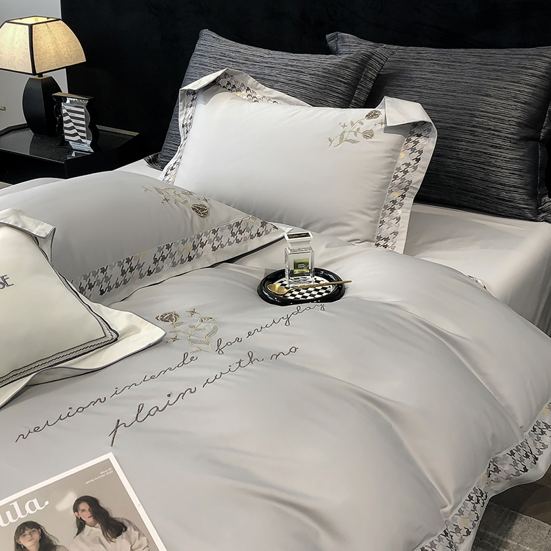 91家纺网 家纺一手货源 找家纺 若未家居 2025新款长绒棉高精密刺绣款百万针工艺套件千鸟格刺绣---锦簇 锦簇 时尚灰