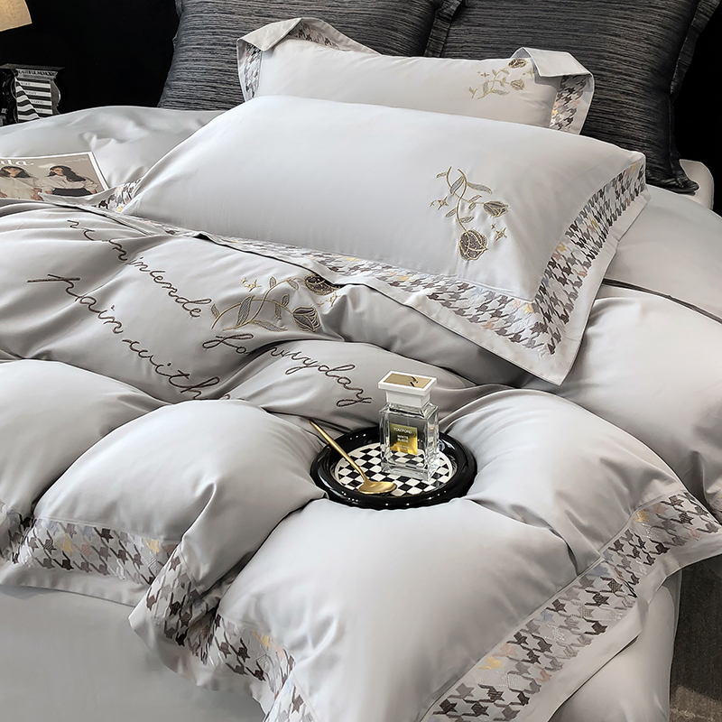 91家纺网 家纺一手货源 找家纺 若未家居 2025新款长绒棉高精密刺绣款百万针工艺套件千鸟格刺绣---锦簇 锦簇 时尚灰