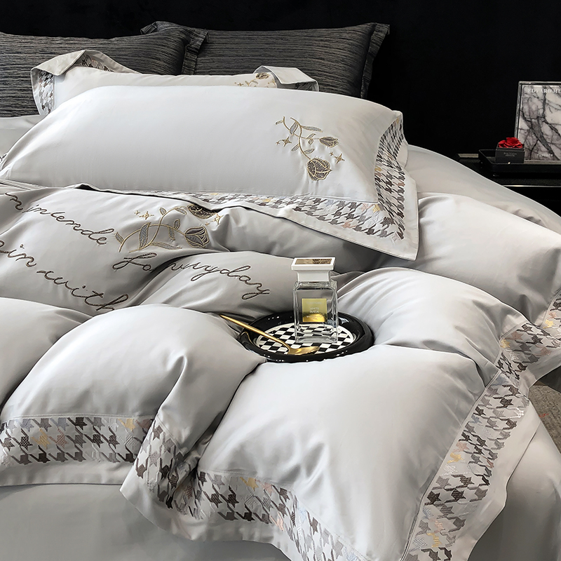 91家纺网 家纺一手货源 找家纺 若未家居 2025新款长绒棉高精密刺绣款百万针工艺套件千鸟格刺绣---锦簇 锦簇 时尚灰