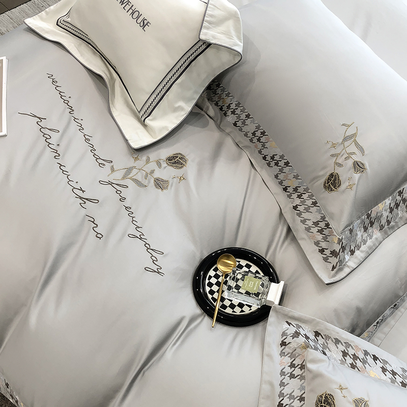 91家纺网 家纺一手货源 找家纺 若未家居 2025新款长绒棉高精密刺绣款百万针工艺套件千鸟格刺绣---锦簇 锦簇 时尚灰