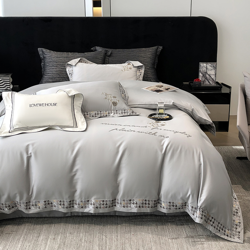 91家纺网 家纺一手货源 找家纺 若未家居 2025新款长绒棉高精密刺绣款百万针工艺套件千鸟格刺绣---锦簇 锦簇 时尚灰